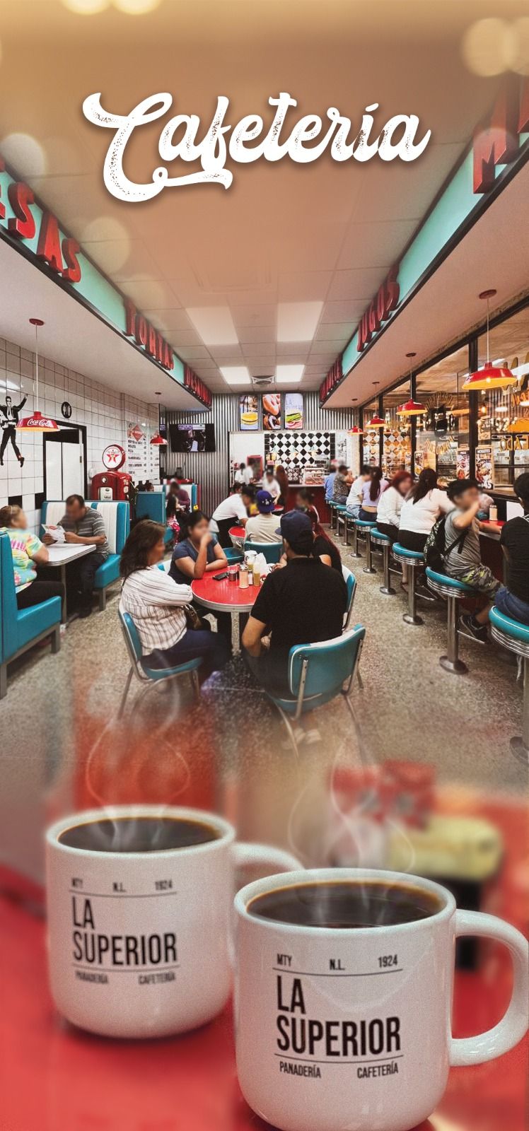 Salón de la cafetería sesentera de La Superior con booths turquesa